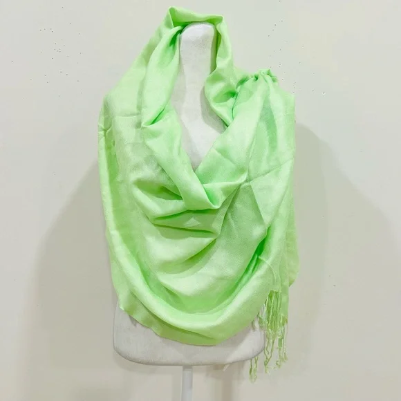 Pashmina 100% Pashmina Scarf With Tassels:Lime Bridal Shawl, Green 28x66‎ Thin - Picture 2 of 9